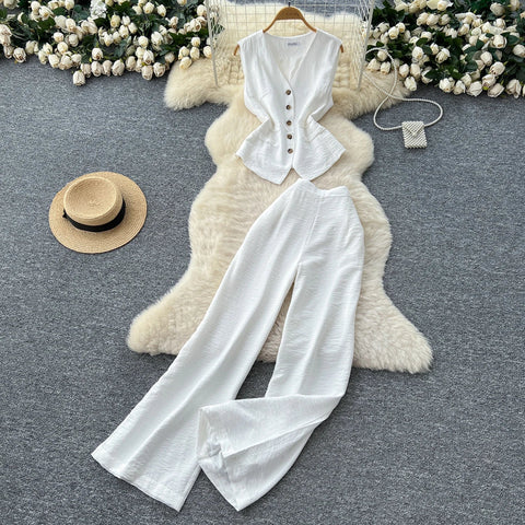 Vintage Solid Two Piece Suits V Neck Single Breasted Slim Tops with High Waist Long Pants - American Thistle Vintage Solid Two Piece Suits V Neck Single Breasted Slim Tops with High Waist Long Pants