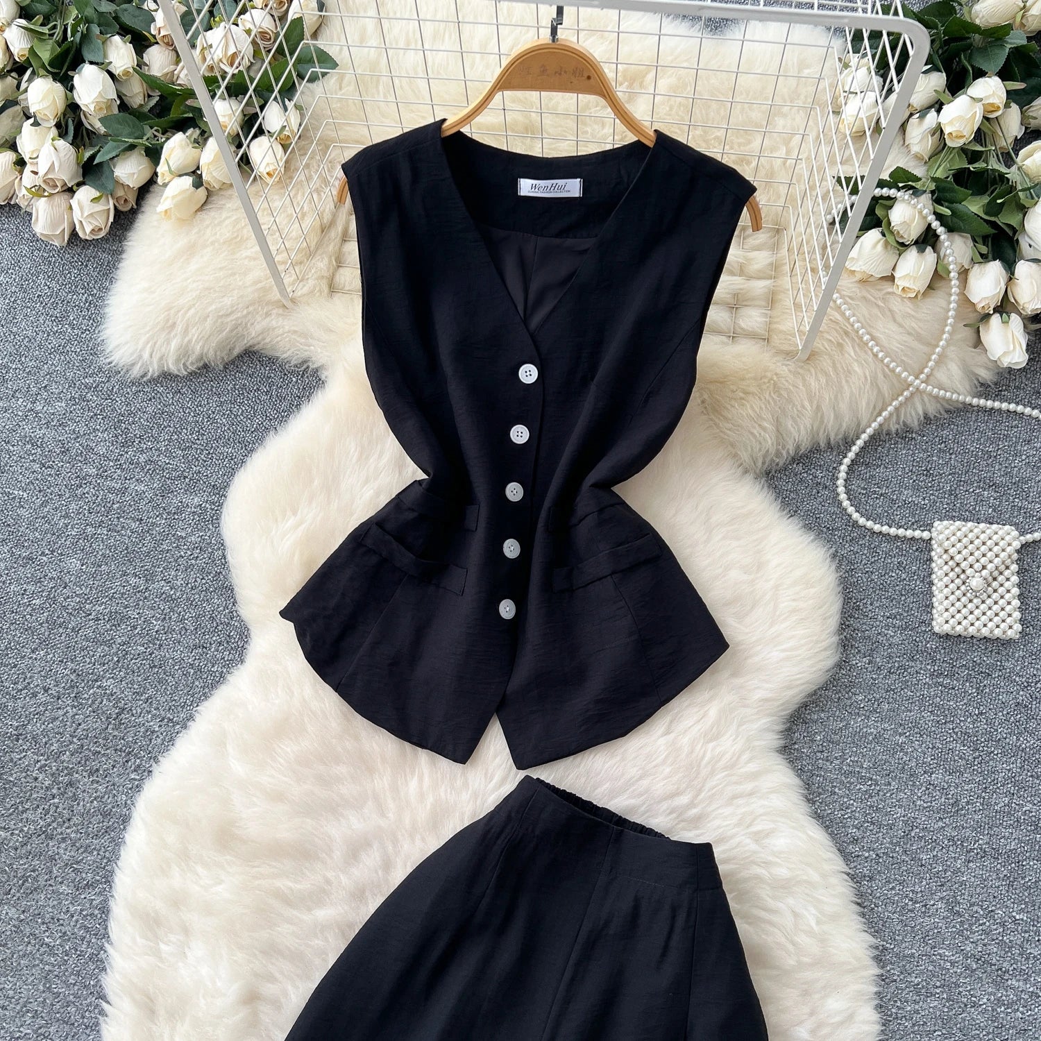 Vintage Solid Two Piece Suits V Neck Single Breasted Slim Tops with High Waist Long Pants - American Thistle Vintage Solid Two Piece Suits V Neck Single Breasted Slim Tops with High Waist Long Pants