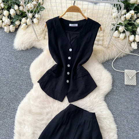 Vintage Solid Two Piece Suits V Neck Single Breasted Slim Tops with High Waist Long Pants - American Thistle Vintage Solid Two Piece Suits V Neck Single Breasted Slim Tops with High Waist Long Pants