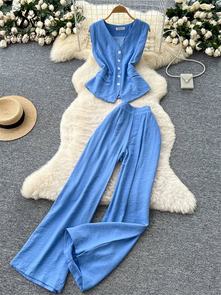 Vintage Solid Two Piece Suits V Neck Single Breasted Slim Tops with High Waist Long Pants - American Thistle Vintage Solid Two Piece Suits V Neck Single Breasted Slim Tops with High Waist Long Pants