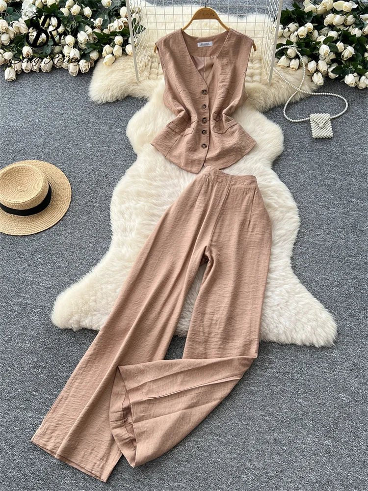 Vintage Solid Two Piece Suits V Neck Single Breasted Slim Tops with High Waist Long Pants - American Thistle Vintage Solid Two Piece Suits V Neck Single Breasted Slim Tops with High Waist Long Pants