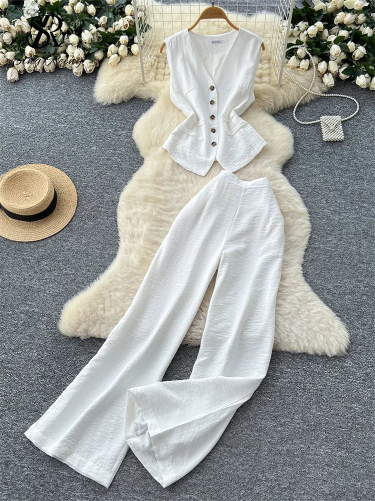 Vintage Solid Two Piece Suits V Neck Single Breasted Slim Tops with High Waist Long Pants - American Thistle Vintage Solid Two Piece Suits V Neck Single Breasted Slim Tops with High Waist Long Pants