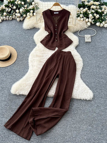 Vintage Solid Two Piece Suits V Neck Single Breasted Slim Tops with High Waist Long Pants - American Thistle Vintage Solid Two Piece Suits V Neck Single Breasted Slim Tops with High Waist Long Pants