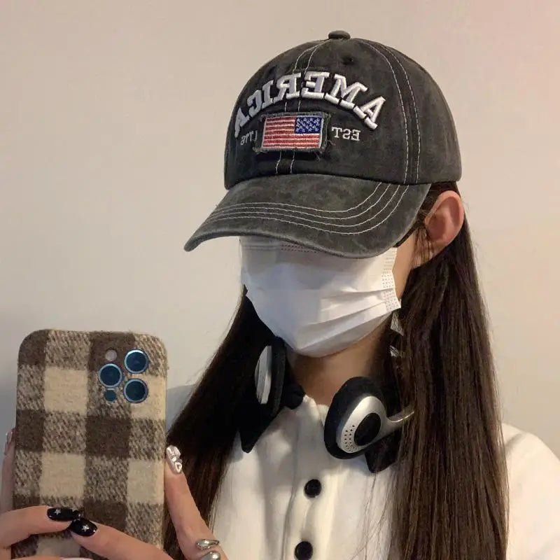 Vintage USA Flag Embroidered Baseball Cap - Bold Lettering, Distressed Wash, Sun Protection - Trendy Dad Hat for Outdoor - American ThistleVintage USA Flag Embroidered Baseball Cap - Bold Lettering, Distressed Wash, Sun Protection - Trendy Dad Hat for Outdoor