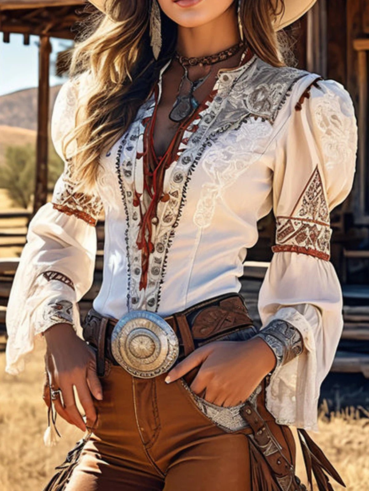 Vintage Western Style Blouse Women Lace - Up Flare Sleeve Boho Cowgirl Top for Summer Music Festival - American Thistle Vintage Western Style Blouse Women Lace - Up Flare Sleeve Boho Cowgirl Top for Summer Music Festival