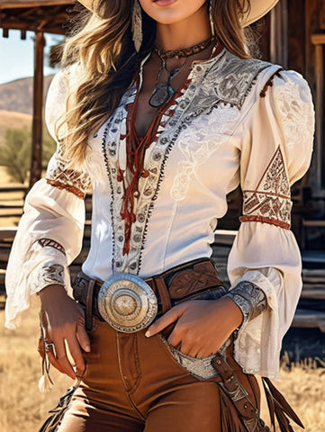 Vintage Western Style Blouse Women Lace - Up Flare Sleeve Boho Cowgirl Top for Summer Music Festival - American Thistle Vintage Western Style Blouse Women Lace - Up Flare Sleeve Boho Cowgirl Top for Summer Music Festival
