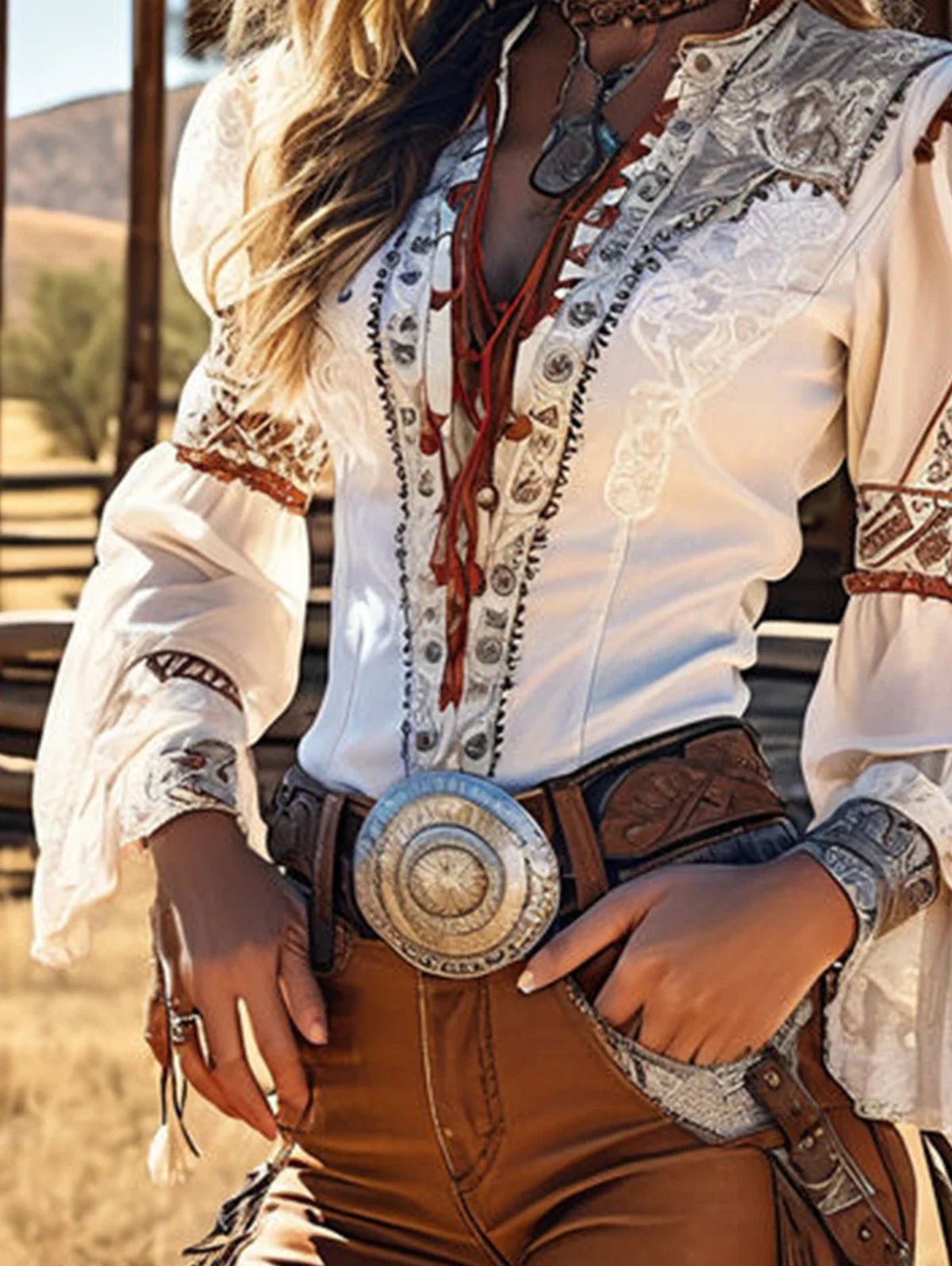 Vintage Western Style Blouse Women Lace - Up Flare Sleeve Boho Cowgirl Top for Summer Music Festival - American Thistle Vintage Western Style Blouse Women Lace - Up Flare Sleeve Boho Cowgirl Top for Summer Music Festival