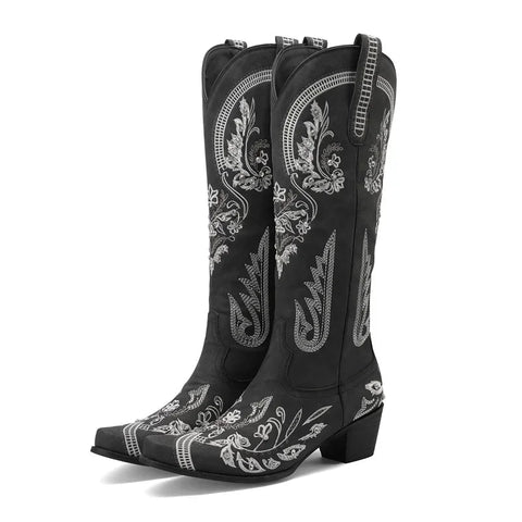 Western Cowboy Knee High Boots for Women Embroidery Flower Rhinestone White Brown Round Toe High Heels Retro Cowgirl Long Boots - American ThistleWestern Cowboy Knee High Boots for Women Embroidery Flower Rhinestone White Brown Round Toe High Heels Retro Cowgirl Long Boots