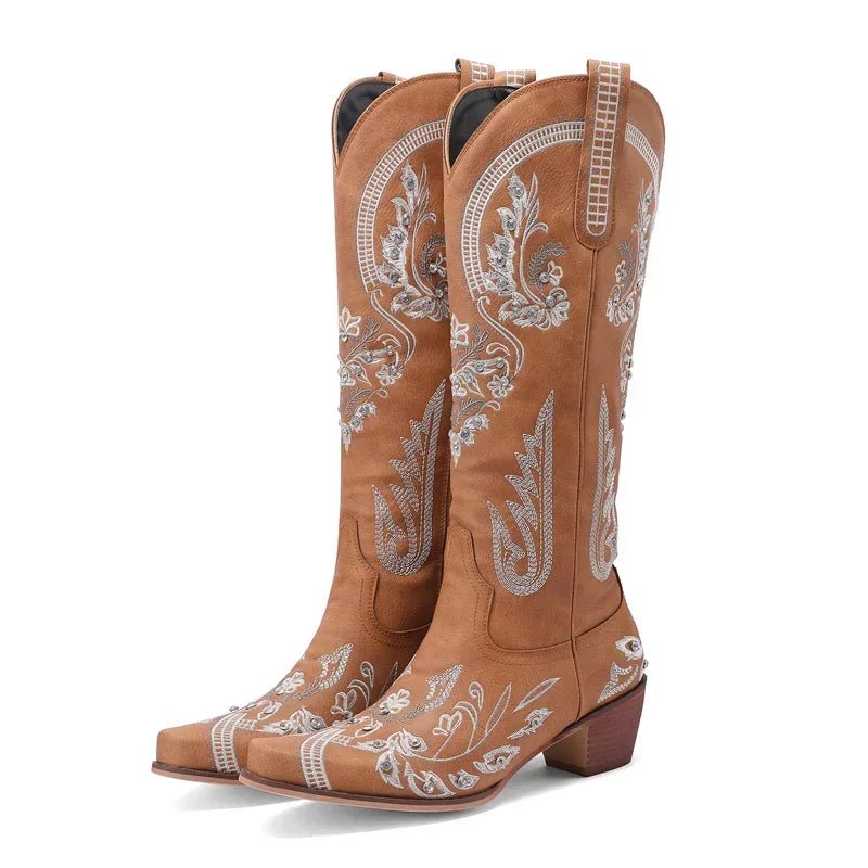 Western Cowboy Knee High Boots for Women Embroidery Flower Rhinestone White Brown Round Toe High Heels Retro Cowgirl Long Boots - American ThistleWestern Cowboy Knee High Boots for Women Embroidery Flower Rhinestone White Brown Round Toe High Heels Retro Cowgirl Long Boots