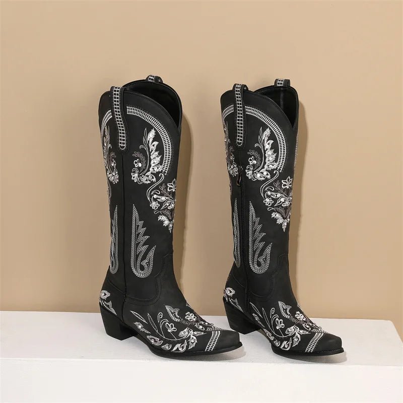 Western Cowboy Knee High Boots for Women Embroidery Flower Rhinestone White Brown Round Toe High Heels Retro Cowgirl Long Boots - American ThistleWestern Cowboy Knee High Boots for Women Embroidery Flower Rhinestone White Brown Round Toe High Heels Retro Cowgirl Long Boots