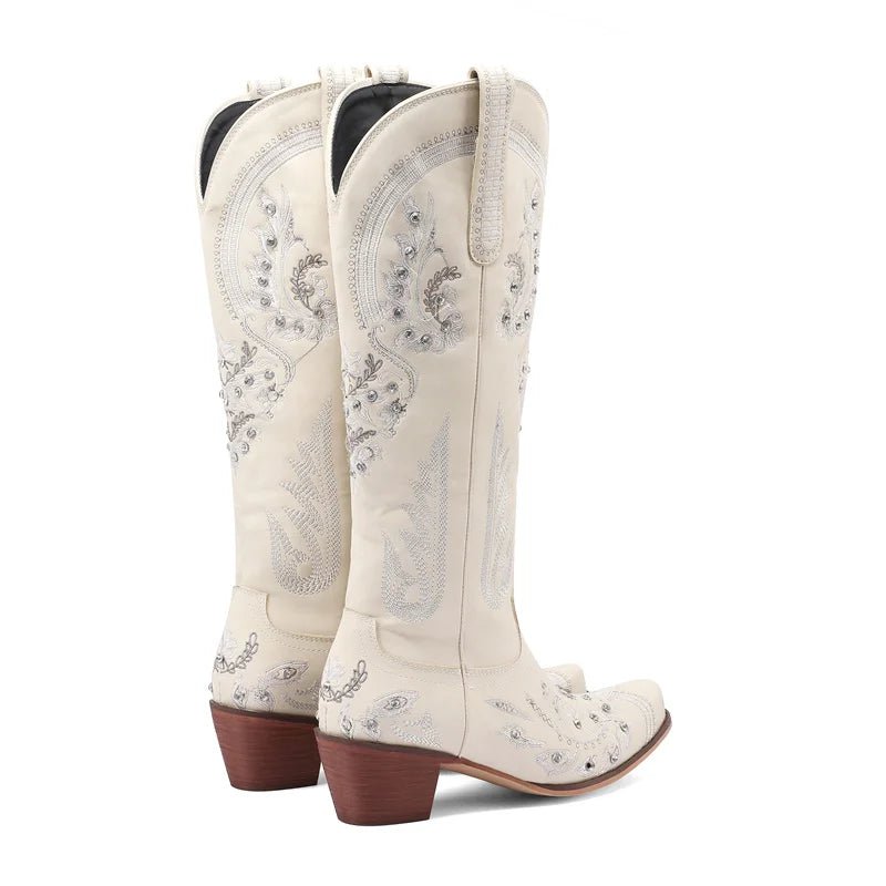 Western Cowboy Knee High Boots for Women Embroidery Flower Rhinestone White Brown Round Toe High Heels Retro Cowgirl Long Boots - American ThistleWestern Cowboy Knee High Boots for Women Embroidery Flower Rhinestone White Brown Round Toe High Heels Retro Cowgirl Long Boots