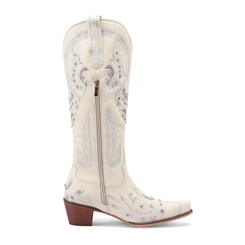 Western Cowboy Knee High Boots for Women Embroidery Flower Rhinestone White Brown Round Toe High Heels Retro Cowgirl Long Boots - American ThistleWestern Cowboy Knee High Boots for Women Embroidery Flower Rhinestone White Brown Round Toe High Heels Retro Cowgirl Long Boots