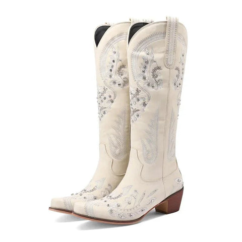 Western Cowboy Knee High Boots for Women Embroidery Flower Rhinestone White Brown Round Toe High Heels Retro Cowgirl Long Boots - American ThistleWestern Cowboy Knee High Boots for Women Embroidery Flower Rhinestone White Brown Round Toe High Heels Retro Cowgirl Long Boots
