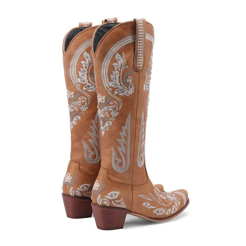 Western Cowboy Knee High Boots for Women Embroidery Flower Rhinestone White Brown Round Toe High Heels Retro Cowgirl Long Boots - American ThistleWestern Cowboy Knee High Boots for Women Embroidery Flower Rhinestone White Brown Round Toe High Heels Retro Cowgirl Long Boots