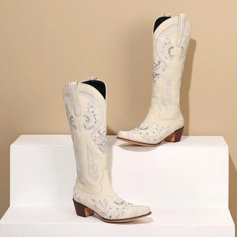 Western Cowboy Knee High Boots for Women Embroidery Flower Rhinestone White Brown Round Toe High Heels Retro Cowgirl Long Boots - American ThistleWestern Cowboy Knee High Boots for Women Embroidery Flower Rhinestone White Brown Round Toe High Heels Retro Cowgirl Long Boots