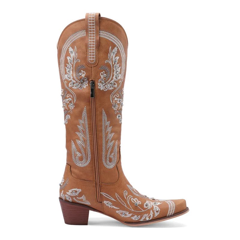 Western Cowboy Knee High Boots for Women Embroidery Flower Rhinestone White Brown Round Toe High Heels Retro Cowgirl Long Boots - American ThistleWestern Cowboy Knee High Boots for Women Embroidery Flower Rhinestone White Brown Round Toe High Heels Retro Cowgirl Long Boots