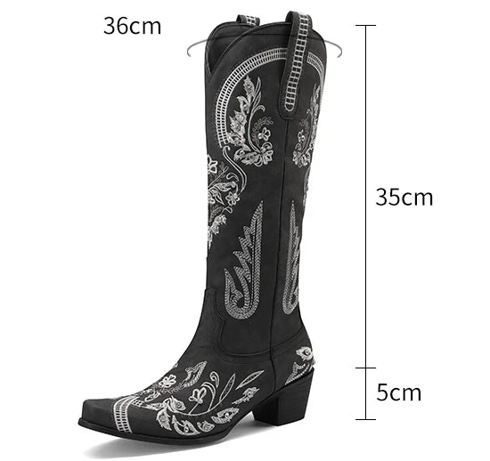 Western Cowboy Knee High Boots for Women Embroidery Flower Rhinestone White Brown Round Toe High Heels Retro Cowgirl Long Boots - American ThistleWestern Cowboy Knee High Boots for Women Embroidery Flower Rhinestone White Brown Round Toe High Heels Retro Cowgirl Long Boots