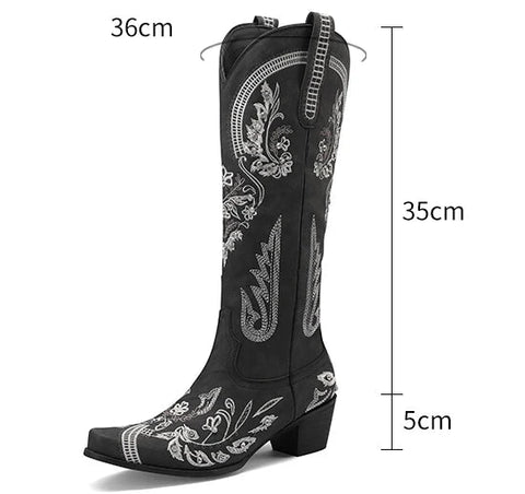 Western Cowboy Knee High Boots for Women Embroidery Flower Rhinestone White Brown Round Toe High Heels Retro Cowgirl Long Boots - American ThistleWestern Cowboy Knee High Boots for Women Embroidery Flower Rhinestone White Brown Round Toe High Heels Retro Cowgirl Long Boots