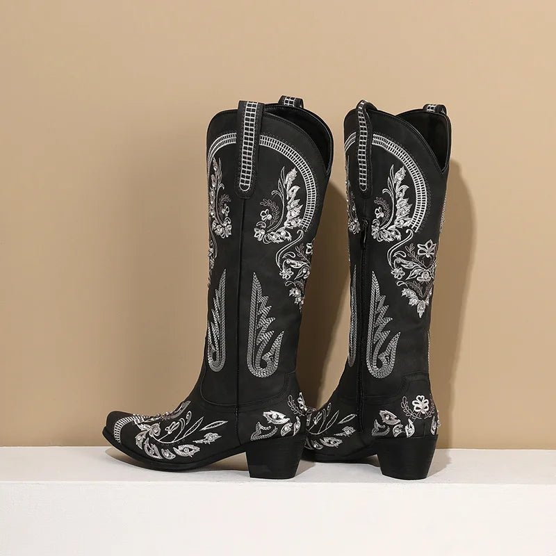 Western Cowboy Knee High Boots for Women Embroidery Flower Rhinestone White Brown Round Toe High Heels Retro Cowgirl Long Boots - American ThistleWestern Cowboy Knee High Boots for Women Embroidery Flower Rhinestone White Brown Round Toe High Heels Retro Cowgirl Long Boots