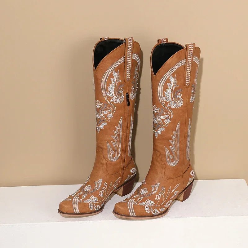 Western Cowboy Knee High Boots for Women Embroidery Flower Rhinestone White Brown Round Toe High Heels Retro Cowgirl Long Boots - American ThistleWestern Cowboy Knee High Boots for Women Embroidery Flower Rhinestone White Brown Round Toe High Heels Retro Cowgirl Long Boots