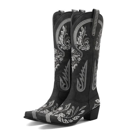 Western Cowboy Knee High Boots for Women Embroidery Flower Rhinestone White Brown Round Toe High Heels Retro Cowgirl Long Boots - American ThistleWestern Cowboy Knee High Boots for Women Embroidery Flower Rhinestone White Brown Round Toe High Heels Retro Cowgirl Long Boots