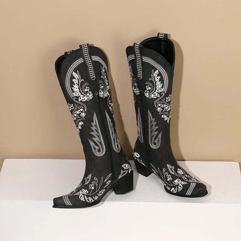 Western Cowboy Knee High Boots for Women Embroidery Flower Rhinestone White Brown Round Toe High Heels Retro Cowgirl Long Boots - American ThistleWestern Cowboy Knee High Boots for Women Embroidery Flower Rhinestone White Brown Round Toe High Heels Retro Cowgirl Long Boots