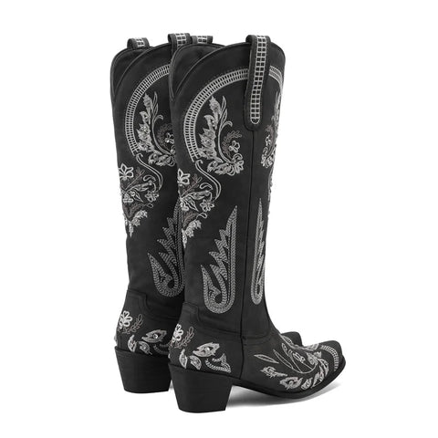 Western Cowboy Knee High Boots for Women Embroidery Flower Rhinestone White Brown Round Toe High Heels Retro Cowgirl Long Boots - American ThistleWestern Cowboy Knee High Boots for Women Embroidery Flower Rhinestone White Brown Round Toe High Heels Retro Cowgirl Long Boots