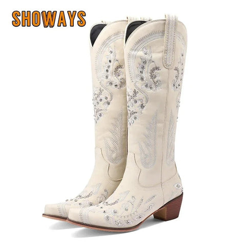 Western Cowboy Knee High Boots for Women Embroidery Flower Rhinestone White Brown Round Toe High Heels Retro Cowgirl Long Boots - American ThistleWestern Cowboy Knee High Boots for Women Embroidery Flower Rhinestone White Brown Round Toe High Heels Retro Cowgirl Long Boots
