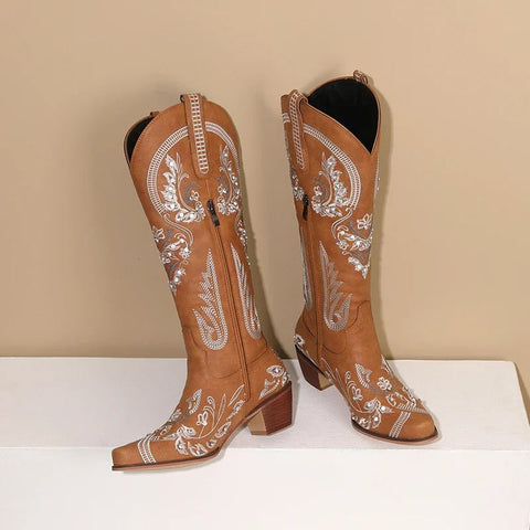 Western Cowboy Knee High Boots for Women Embroidery Flower Rhinestone White Brown Round Toe High Heels Retro Cowgirl Long Boots - American ThistleWestern Cowboy Knee High Boots for Women Embroidery Flower Rhinestone White Brown Round Toe High Heels Retro Cowgirl Long Boots