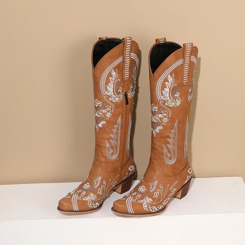 Western Cowboy Knee High Boots for Women Embroidery Flower Rhinestone White Brown Round Toe High Heels Retro Cowgirl Long Boots - American ThistleWestern Cowboy Knee High Boots for Women Embroidery Flower Rhinestone White Brown Round Toe High Heels Retro Cowgirl Long Boots