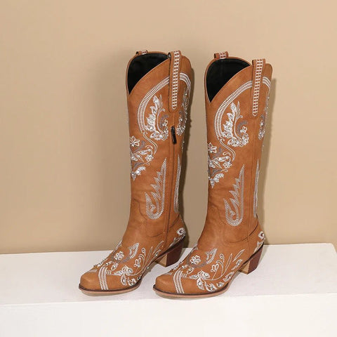Western Cowboy Knee High Boots for Women Embroidery Flower Rhinestone White Brown Round Toe High Heels Retro Cowgirl Long Boots - American ThistleWestern Cowboy Knee High Boots for Women Embroidery Flower Rhinestone White Brown Round Toe High Heels Retro Cowgirl Long Boots