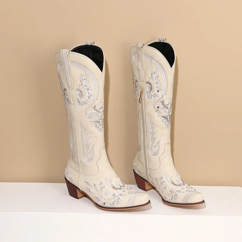 Western Cowboy Knee High Boots for Women Embroidery Flower Rhinestone White Brown Round Toe High Heels Retro Cowgirl Long Boots - American ThistleWestern Cowboy Knee High Boots for Women Embroidery Flower Rhinestone White Brown Round Toe High Heels Retro Cowgirl Long Boots