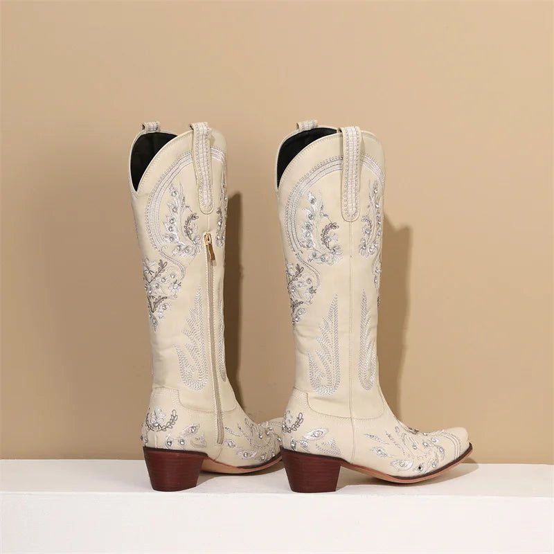 Western Cowboy Knee High Boots for Women Embroidery Flower Rhinestone White Brown Round Toe High Heels Retro Cowgirl Long Boots - American ThistleWestern Cowboy Knee High Boots for Women Embroidery Flower Rhinestone White Brown Round Toe High Heels Retro Cowgirl Long Boots