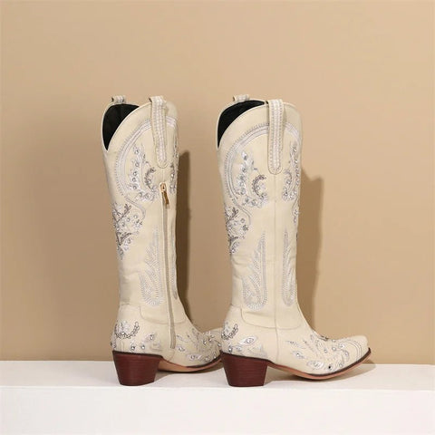 Western Cowboy Knee High Boots for Women Embroidery Flower Rhinestone White Brown Round Toe High Heels Retro Cowgirl Long Boots - American ThistleWestern Cowboy Knee High Boots for Women Embroidery Flower Rhinestone White Brown Round Toe High Heels Retro Cowgirl Long Boots