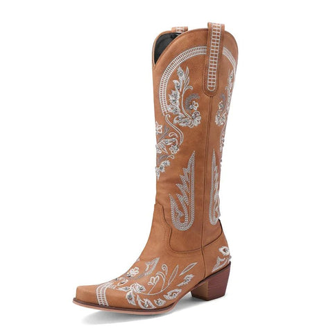 Western Cowboy Knee High Boots for Women Embroidery Flower Rhinestone White Brown Round Toe High Heels Retro Cowgirl Long Boots - American ThistleWestern Cowboy Knee High Boots for Women Embroidery Flower Rhinestone White Brown Round Toe High Heels Retro Cowgirl Long Boots