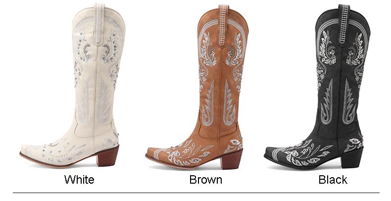 Western Cowboy Knee High Boots for Women Embroidery Flower Rhinestone White Brown Round Toe High Heels Retro Cowgirl Long Boots - American ThistleWestern Cowboy Knee High Boots for Women Embroidery Flower Rhinestone White Brown Round Toe High Heels Retro Cowgirl Long Boots