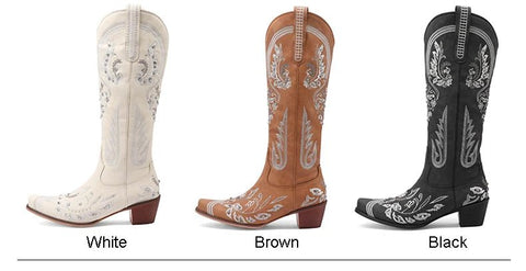 Western Cowboy Knee High Boots for Women Embroidery Flower Rhinestone White Brown Round Toe High Heels Retro Cowgirl Long Boots - American ThistleWestern Cowboy Knee High Boots for Women Embroidery Flower Rhinestone White Brown Round Toe High Heels Retro Cowgirl Long Boots