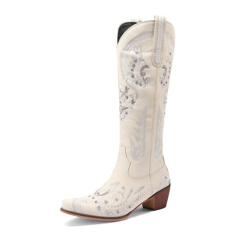 Western Cowboy Knee High Boots for Women Embroidery Flower Rhinestone White Brown Round Toe High Heels Retro Cowgirl Long Boots - American ThistleWestern Cowboy Knee High Boots for Women Embroidery Flower Rhinestone White Brown Round Toe High Heels Retro Cowgirl Long Boots