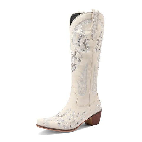 Western Cowboy Knee High Boots for Women Embroidery Flower Rhinestone White Brown Round Toe High Heels Retro Cowgirl Long Boots - American ThistleWestern Cowboy Knee High Boots for Women Embroidery Flower Rhinestone White Brown Round Toe High Heels Retro Cowgirl Long Boots