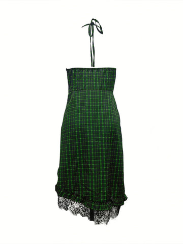 Western Plaid Style Cowboy Dress Deep V - Neck Asymmetric Lace Hem - American Thistle Western Plaid Style Cowboy Dress Deep V - Neck Asymmetric Lace Hem