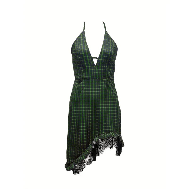 Western Plaid Style Cowboy Dress Deep V - Neck Asymmetric Lace Hem - American Thistle Western Plaid Style Cowboy Dress Deep V - Neck Asymmetric Lace Hem