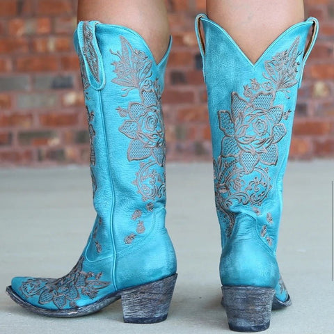 Western Style Women's Pointed Large Embroidered Rose High Heels Vintage Old Women's Boots High Barrel Western Boots - American ThistleWestern Style Women's Pointed Large Embroidered Rose High Heels Vintage Old Women's Boots High Barrel Western Boots