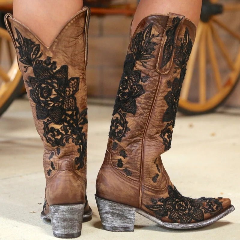 Western Style Women's Pointed Large Embroidered Rose High Heels Vintage Old Women's Boots High Barrel Western Boots - American ThistleWestern Style Women's Pointed Large Embroidered Rose High Heels Vintage Old Women's Boots High Barrel Western Boots
