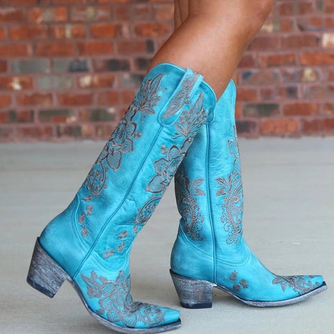 Western Style Women's Pointed Large Embroidered Rose High Heels Vintage Old Women's Boots High Barrel Western Boots - American ThistleWestern Style Women's Pointed Large Embroidered Rose High Heels Vintage Old Women's Boots High Barrel Western Boots