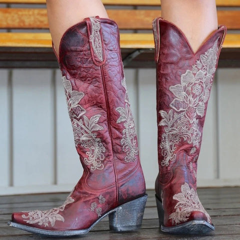 Western Style Women's Pointed Large Embroidered Rose High Heels Vintage Old Women's Boots High Barrel Western Boots - American ThistleWestern Style Women's Pointed Large Embroidered Rose High Heels Vintage Old Women's Boots High Barrel Western Boots