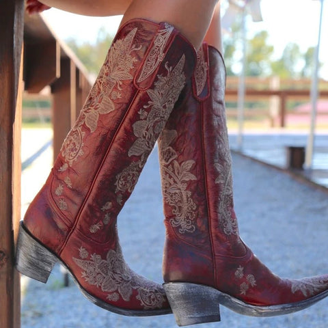 Western Style Women's Pointed Large Embroidered Rose High Heels Vintage Old Women's Boots High Barrel Western Boots - American ThistleWestern Style Women's Pointed Large Embroidered Rose High Heels Vintage Old Women's Boots High Barrel Western Boots
