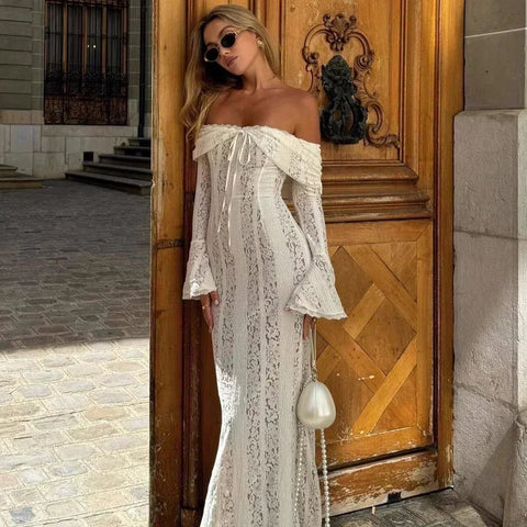 White Off Long - Sleeve Shoulder Lace Bodycon Autumn Maxi Dress - American Thistle White Off Long - Sleeve Shoulder Lace Bodycon Autumn Maxi Dress