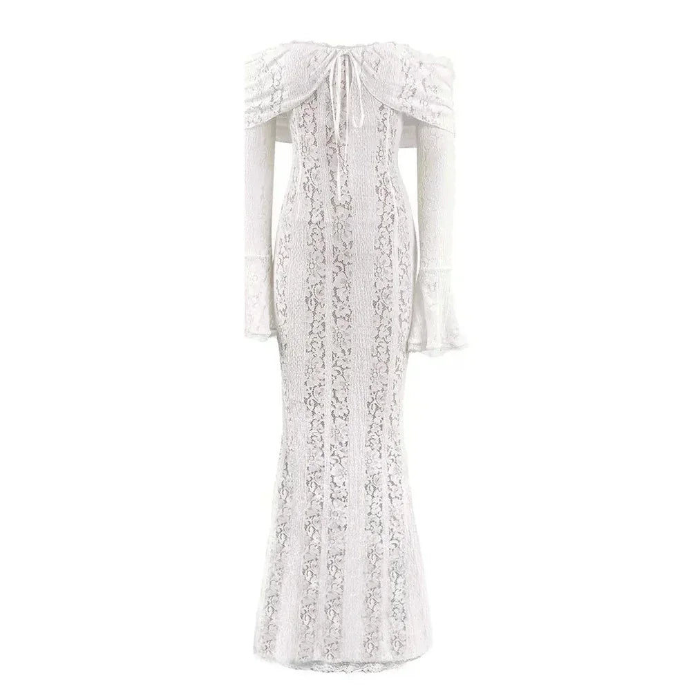 White Off Long - Sleeve Shoulder Lace Bodycon Autumn Maxi Dress - American Thistle White Off Long - Sleeve Shoulder Lace Bodycon Autumn Maxi Dress