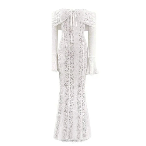 White Off Long - Sleeve Shoulder Lace Bodycon Autumn Maxi Dress - American Thistle White Off Long - Sleeve Shoulder Lace Bodycon Autumn Maxi Dress