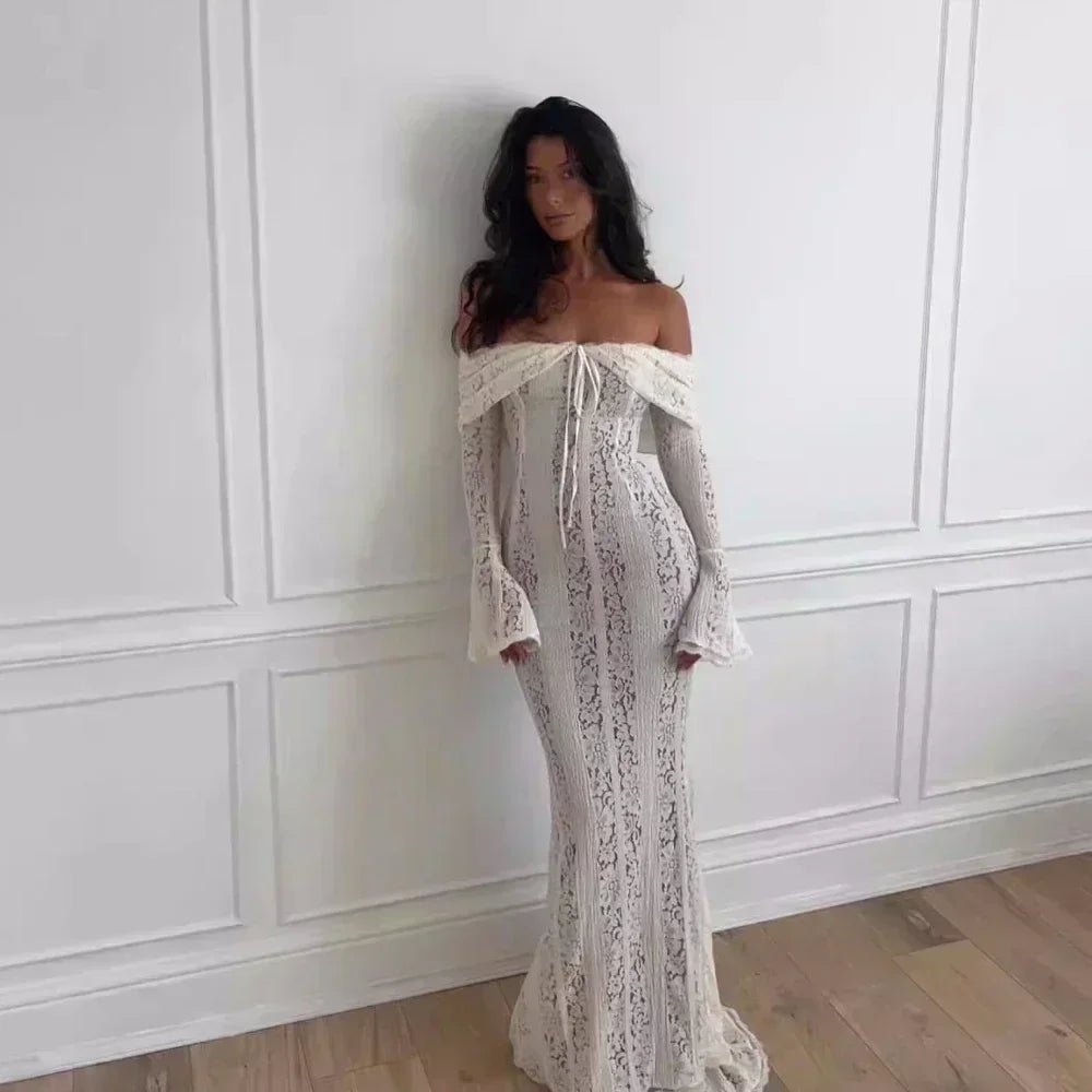 White Off Long - Sleeve Shoulder Lace Bodycon Autumn Maxi Dress - American Thistle White Off Long - Sleeve Shoulder Lace Bodycon Autumn Maxi Dress